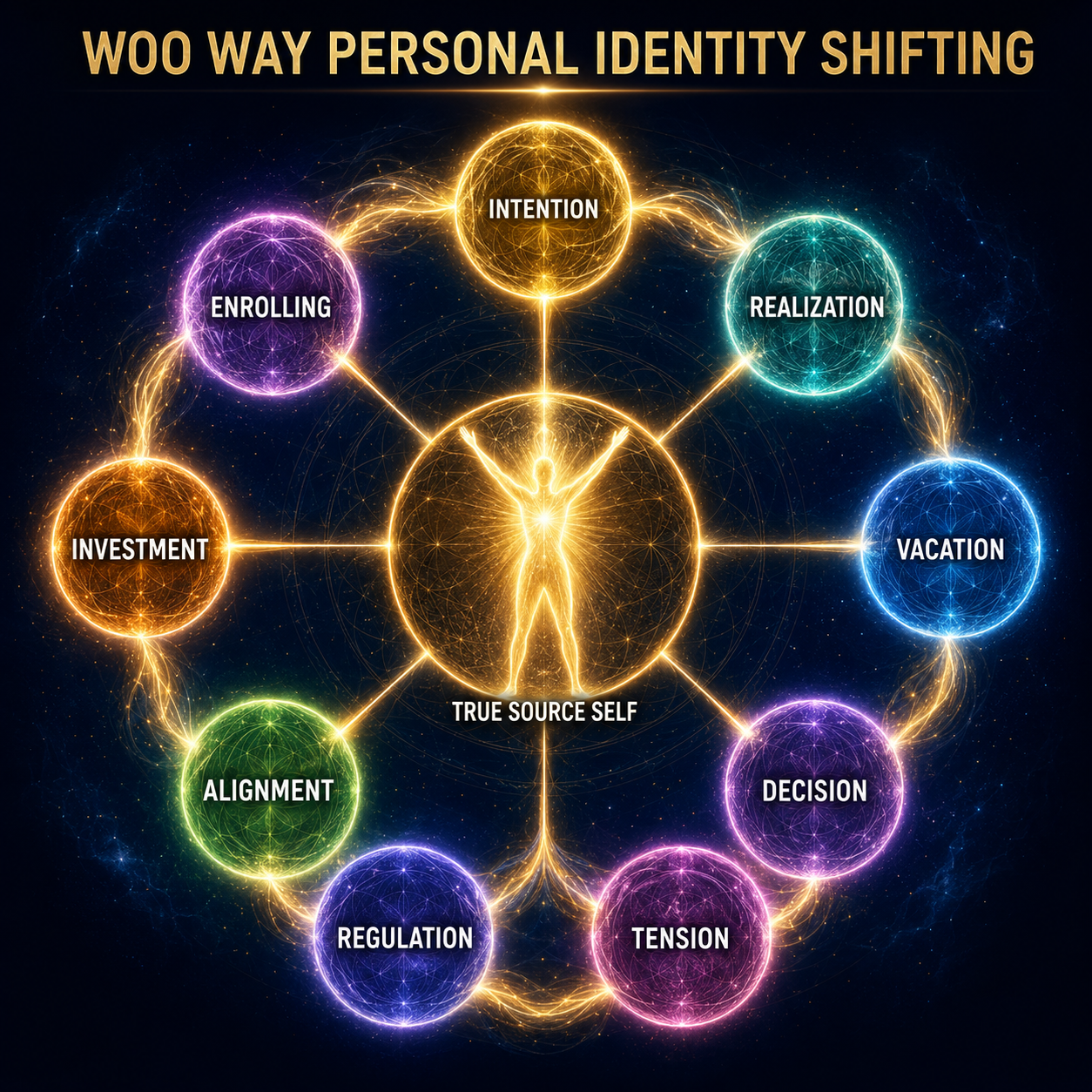Woo Way Personal Identity Shifting framework showing True Source Self connected to nine energetic containers: Intention, Realization, Vacation, Decision, Tension, Regulation, Alignment, Investment, and Enrolling.